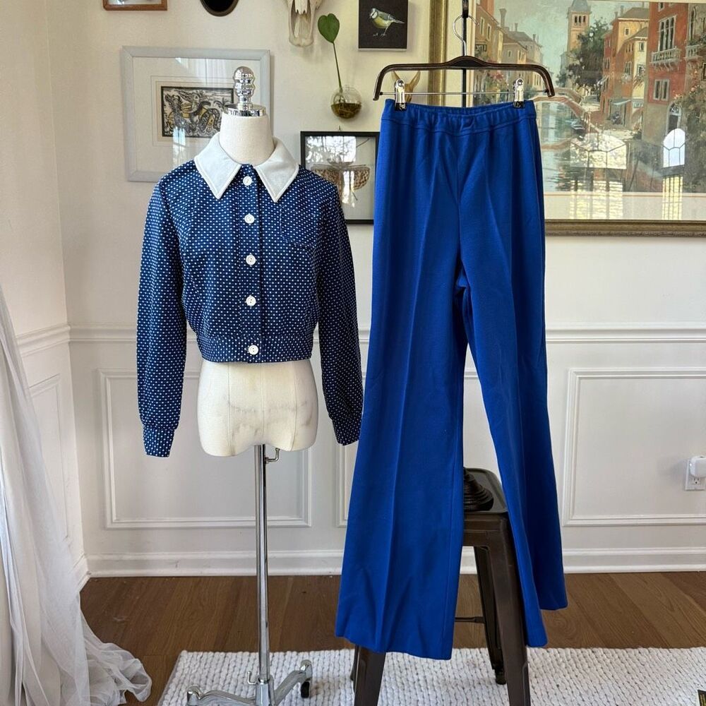 Vintage 70s 2pc Blue White Wide Leg High Rise Pants Crop Top S M 4 6 - Picture 14 of 16